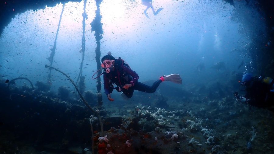 Diver swimming near an underwater wall and reef structure in blue light
